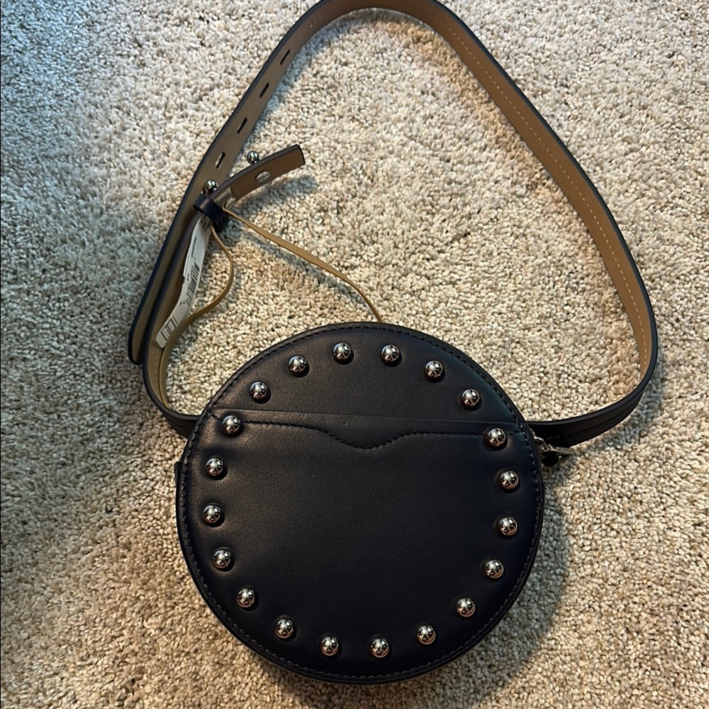 Rebecca Minkoff Blue Loki Studded Leather Round Belt Bag with tag